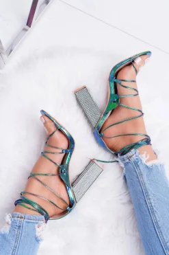 Sandały Damskie Na Słupku Z Cyrkoniami Benzynowe Wiązane Everything