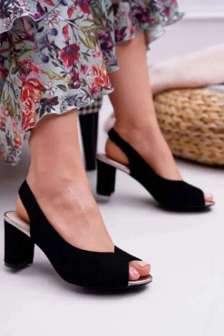 Sandały Damskie Na Słupku Zamszowe Czarne Pollem