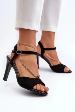 Sandały Damskie Na Szpilce Eko Zamszowe Z Łańcuszkiem Sergio Leone SK925 Czarne