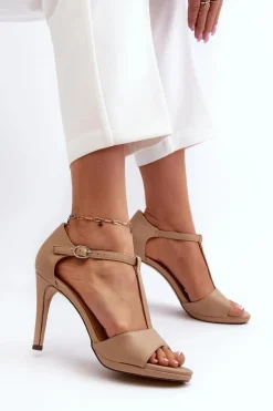 Sandały Damskie Na Szpilce Z Eko Skóry Beżowe Obdaria