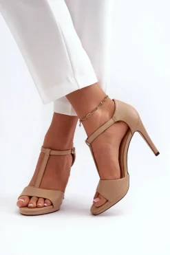Sandały Damskie Na Szpilce Z Eko Skóry Beżowe Obdaria