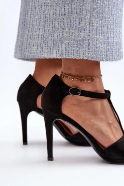 Sandały Damskie Na Szpilce Z Eko Zamszu Czarne Obdaria