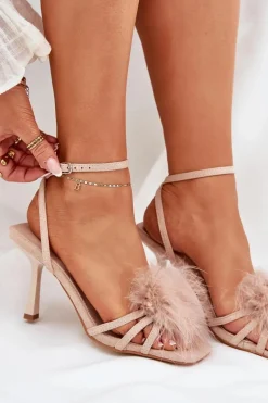 Sandały Damskie Na Szpilce Z Piórami Beżowe Xaliope