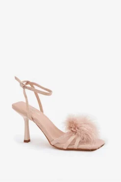 Sandały Damskie Na Szpilce Z Piórami Beżowe Xaliope