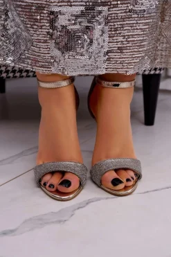 Sandały Damskie Na Szpilce Brokatowe Złote Fiver