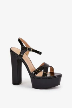 Sandały Damskie Na Wysokim Słupku I Platformie Lakierowane Czarne Jovenes