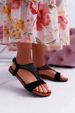 Sandały Damskie Płaskie Czarne Sorsano