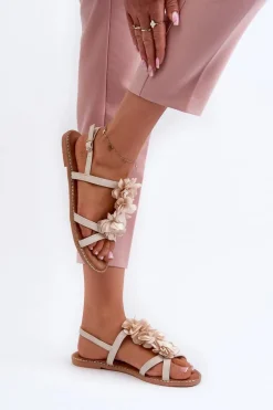 Sandały Damskie Płaskie Ozdobione Kwiatkami Beżowe Abidina