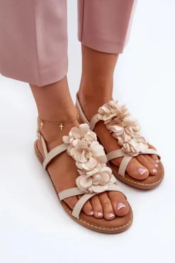Sandały Damskie Płaskie Ozdobione Kwiatkami Beżowe Abidina