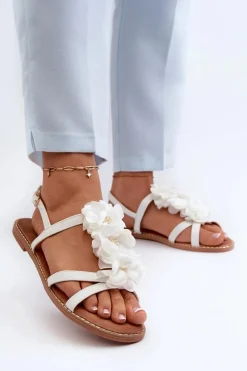 Sandały Damskie Płaskie Ozdobione Kwiatkami Białe Abidina