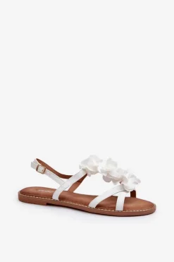 Sandały Damskie Płaskie Ozdobione Kwiatkami Białe Abidina