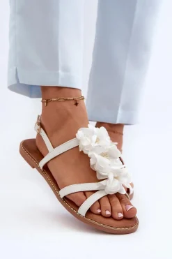 Sandały Damskie Płaskie Ozdobione Kwiatkami Białe Abidina