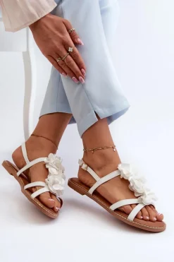 Sandały Damskie Płaskie Ozdobione Kwiatkami Białe Abidina