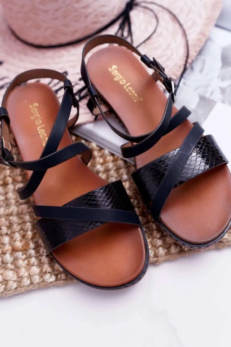 Sandały Damskie Płaskie Sergio Leone SK019 Czarne Dariana