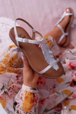 Sandały Damskie Płaskie Skórzane Srebrne Nicole 2383