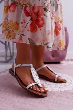 Sandały Damskie Płaskie Skórzane Srebrne Nicole 2383