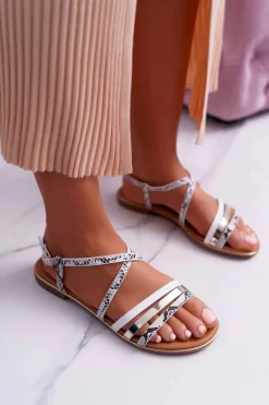 Sandały Damskie Płaskie Skóra Węża Białe Dahira