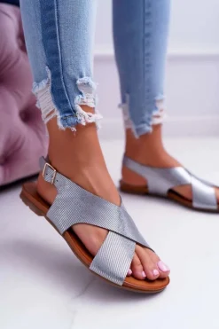 Sandały Damskie Płaskie Skórzane Laura Messi Srebrne 1960