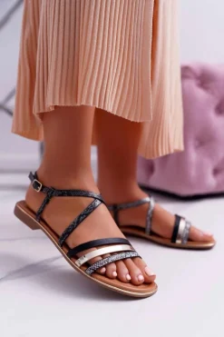 Sandały Damskie Płaskie Skóra Węża Czarne Dahira