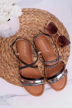 Sandały Damskie Płaskie Skóra Węża Czarne Dahira