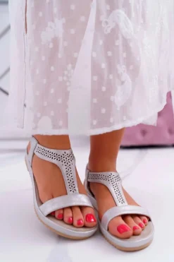 Sandały Damskie Płaskie Srebrne S.Barski Emente