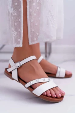 Sandały Damskie Płaskie Srebrne Ćwieki Białe Raven