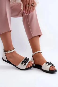 Sandały Damskie Płaskie Z Łańcuchem Vinceza 17320 Białe