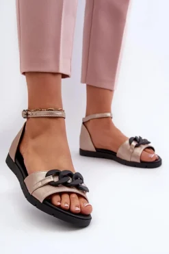 Sandały Damskie Płaskie Z Łańcuchem Vinceza 17320 Złote