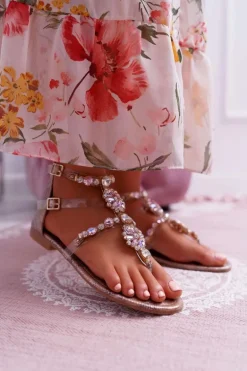 Sandały Damskie Płaskie Z Cyrkoniami Champagne Karra