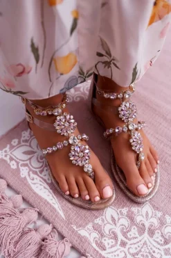 Sandały Damskie Płaskie Z Cyrkoniami Champagne Karra