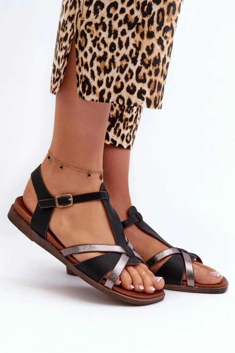 Sandały Damskie Płaskie Z Eko Skóry Sergio Leone SK071H Czarne