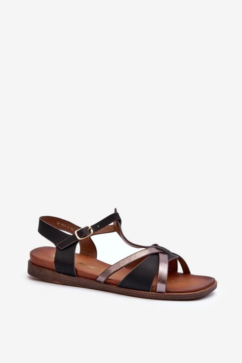 Sandały Damskie Płaskie Z Eko Skóry Sergio Leone SK071H Czarne