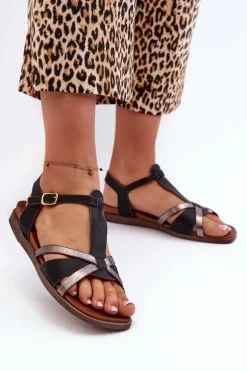 Sandały Damskie Płaskie Z Eko Skóry Sergio Leone SK071H Czarne