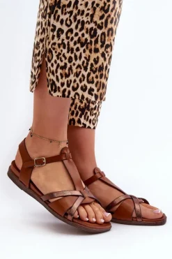 Sandały Damskie Płaskie Z Eko Skóry Sergio Leone SK071H Brązowe