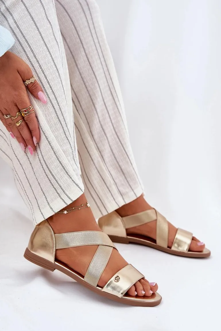 Sandały Damskie Płaskie Z Elastycznymi Paskami Złote Marinea