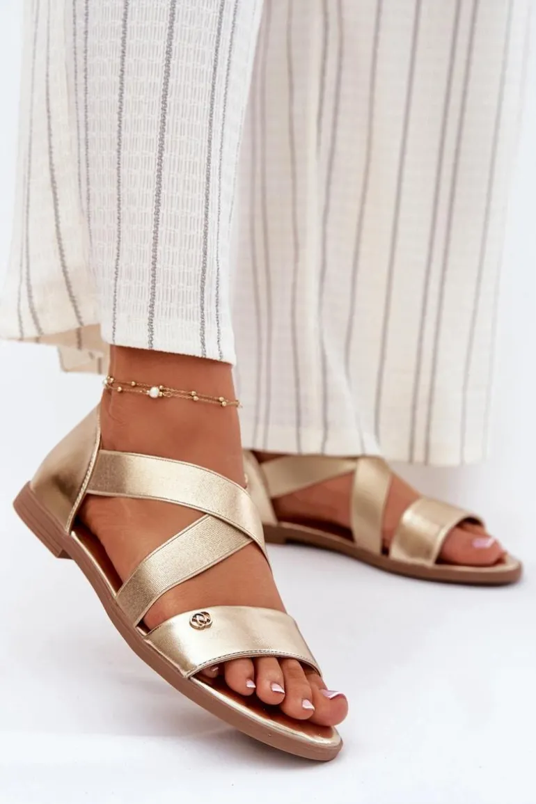 Sandały Damskie Płaskie Z Elastycznymi Paskami Złote Marinea
