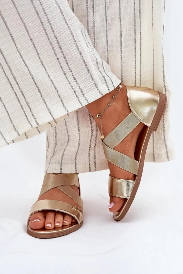 Sandały Damskie Płaskie Z Elastycznymi Paskami Złote Marinea