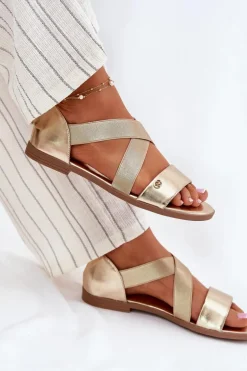 Sandały Damskie Płaskie Z Elastycznymi Paskami Złote Marinea