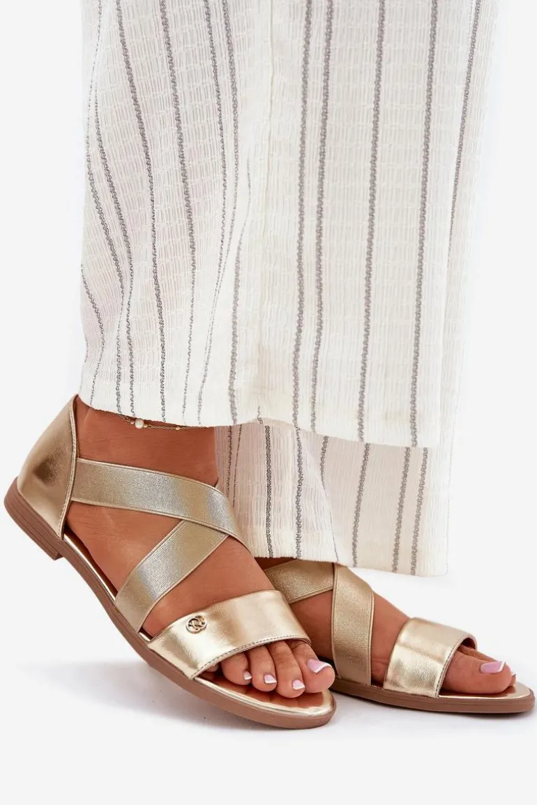 Sandały Damskie Płaskie Z Elastycznymi Paskami Złote Marinea