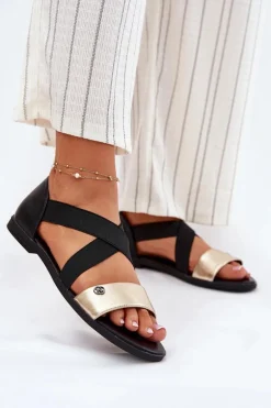 Sandały Damskie Płaskie Z Elastycznymi Paskami Czarno-Złote Marinea