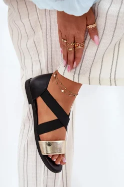 Sandały Damskie Płaskie Z Elastycznymi Paskami Czarno-Złote Marinea