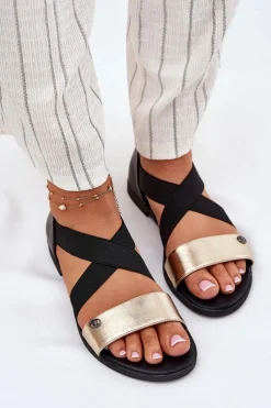 Sandały Damskie Płaskie Z Elastycznymi Paskami Czarno-Złote Marinea