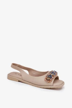 Sandały Damskie Płaskie Z Kryształkami S.Barski KV51-079 Beżowe