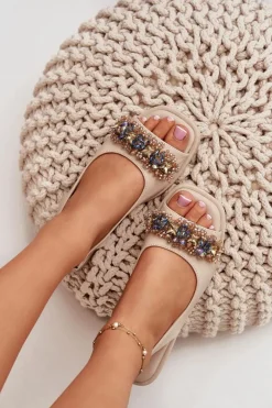 Sandały Damskie Płaskie Z Kryształkami S.Barski KV51-079 Beżowe