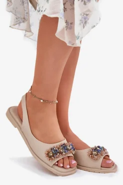 Sandały Damskie Płaskie Z Kryształkami S.Barski KV51-079 Beżowe
