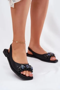 Sandały Damskie Płaskie Z Kryształkami S.Barski KV51-079 Czarne