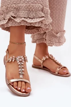 Sandały Damskie Płaskie Z Kryształkami Różowe Złoto Saane