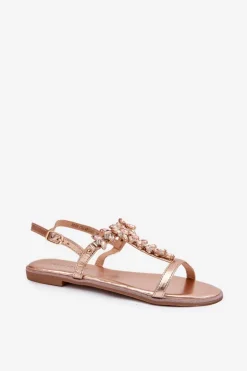 Sandały Damskie Płaskie Z Kryształkami Różowe Złoto Saane