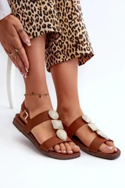 Sandały Damskie Płaskie Z Ozdobami Sergio Leone SK072H Brązowe