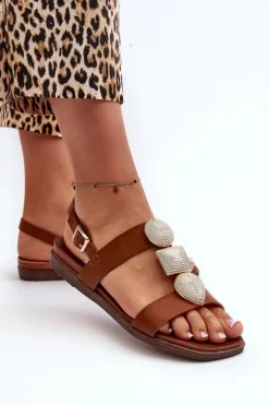 Sandały Damskie Płaskie Z Ozdobami Sergio Leone SK072H Brązowe